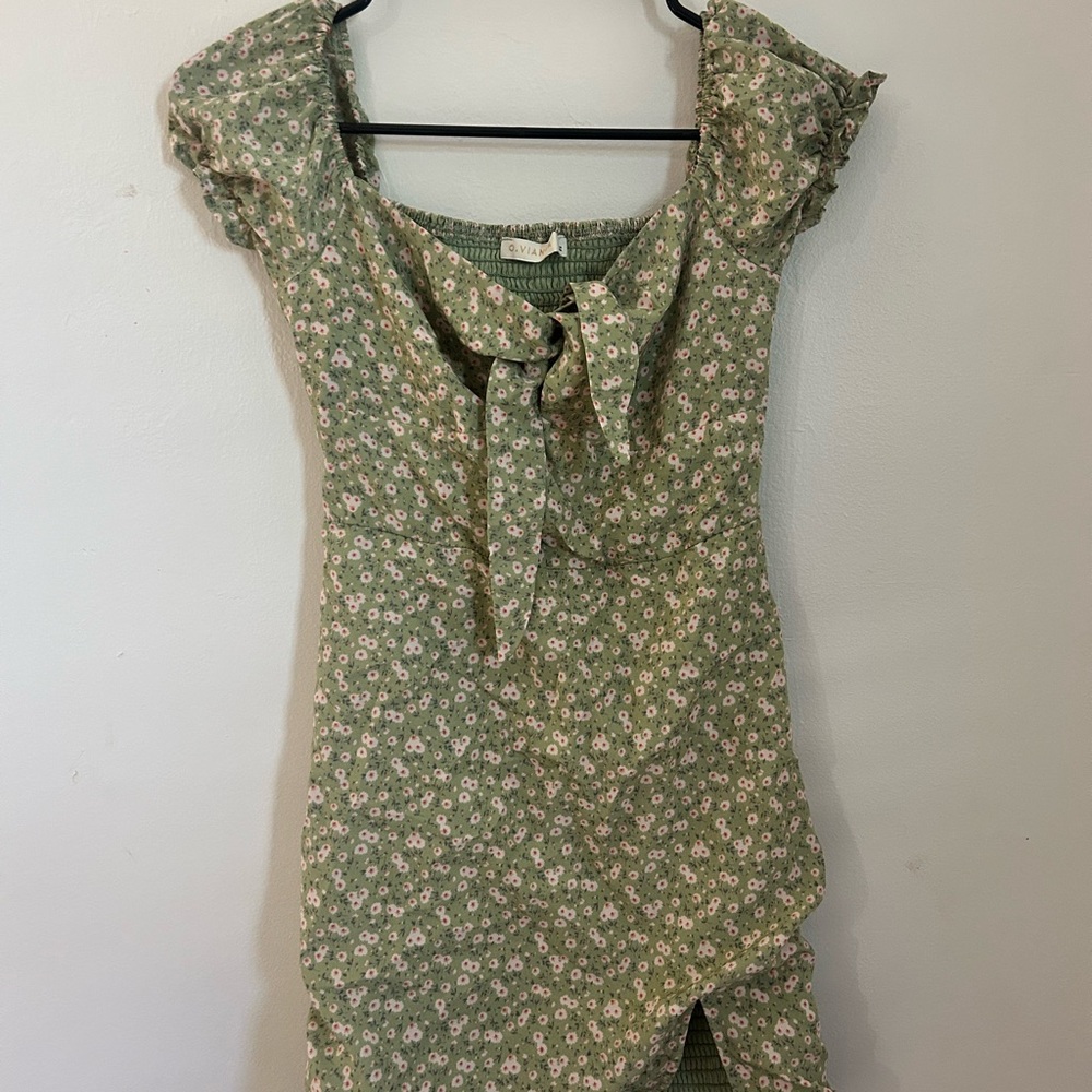 Floral Green Dress with Bow Detail